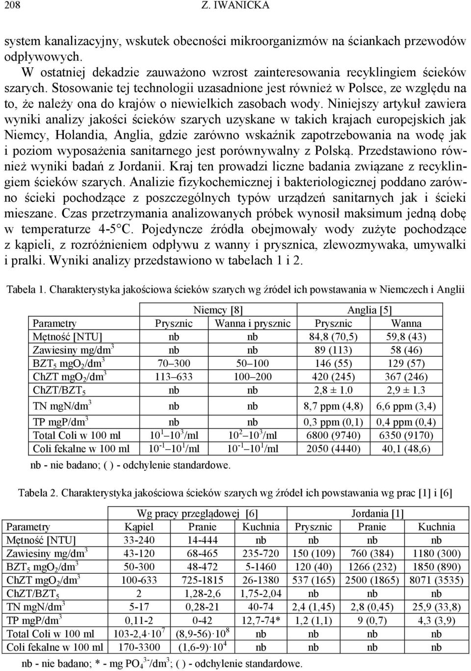 Niniejszy artykuł zawiera wyniki analizy jakości ścieków szarych uzyskane w takich krajach europejskich jak Niemcy, Holandia, Anglia, gdzie zarówno wskaźnik zapotrzebowania na wodę jak i poziom