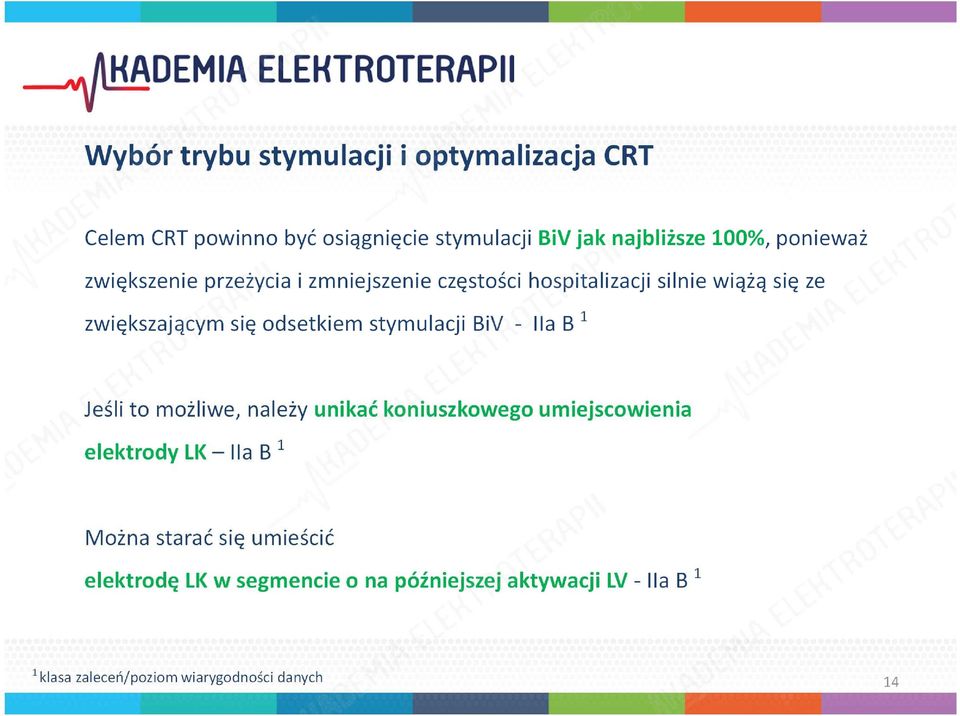 stymulacji BiV - IIa B 1 Jeśli to możliwe, należy unikać koniuszkowego umiejscowienia elektrody LK IIa B 1 Można