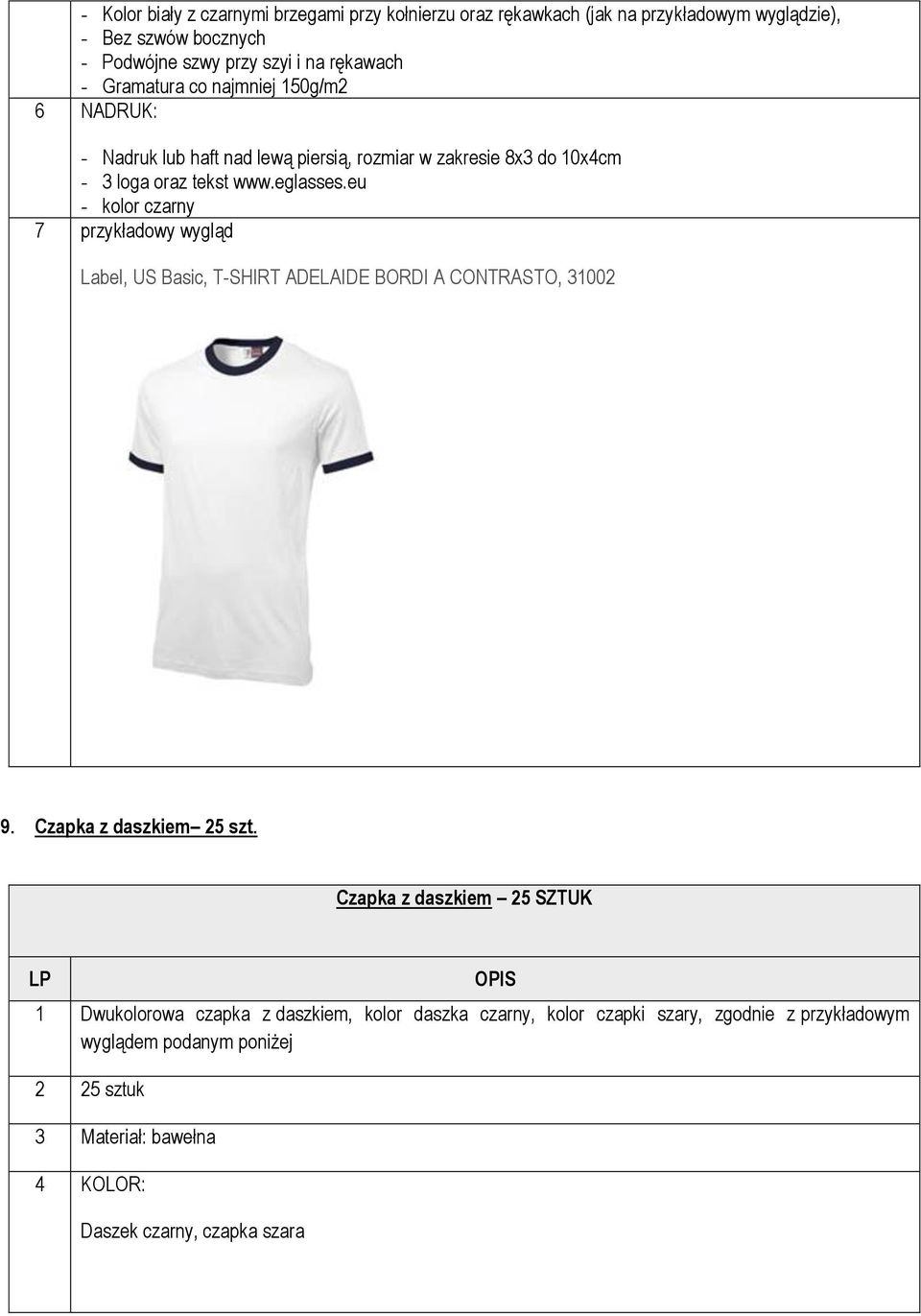 eu - kolor czarny Label, US Basic, T-SHIRT ADELAIDE BORDI A CONTRASTO, 31002 9. Czapka z daszkiem 25 szt.