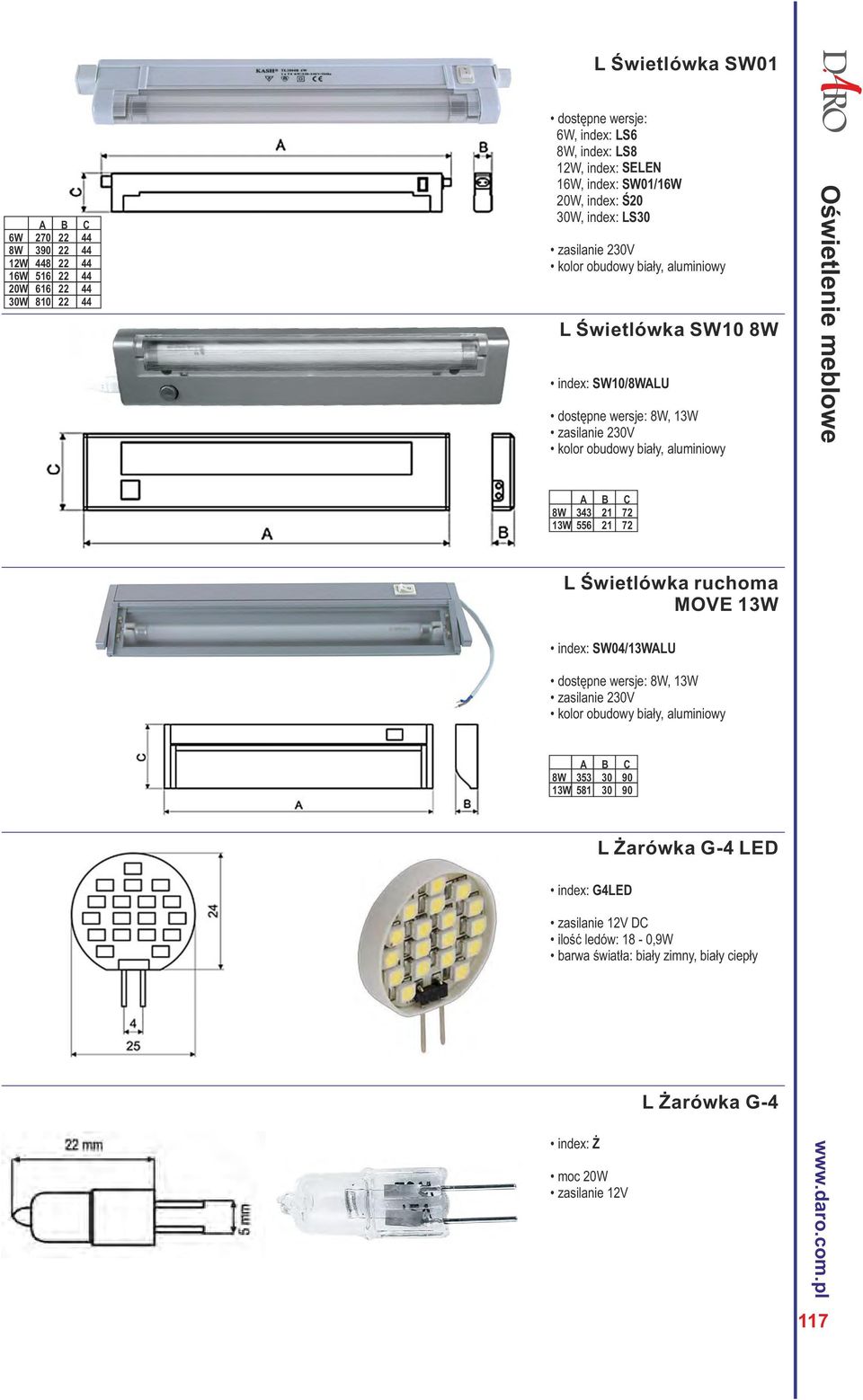 obudowy biały, aluminiowy A B C 8W 343 21 72 13W 556 21 72 L Świetlówka ruchoma MOVE 13W index: SW04/13WALU 8W, 13W kolor obudowy biały, aluminiowy A