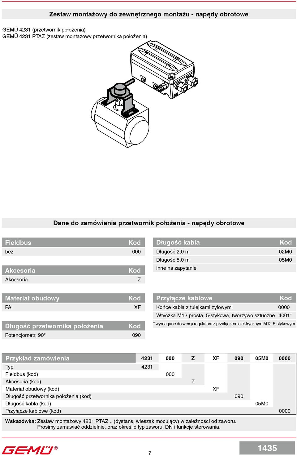 Wtyczka M12 prosta, 5-stykowa, tworzywo sztuczne 4001* Długość przetwornika położenia Potencjometr, 90 090 * wymagane do wersji regulatora z przyłączem elektrycznym M12 5-stykowym Przykład zamówienia