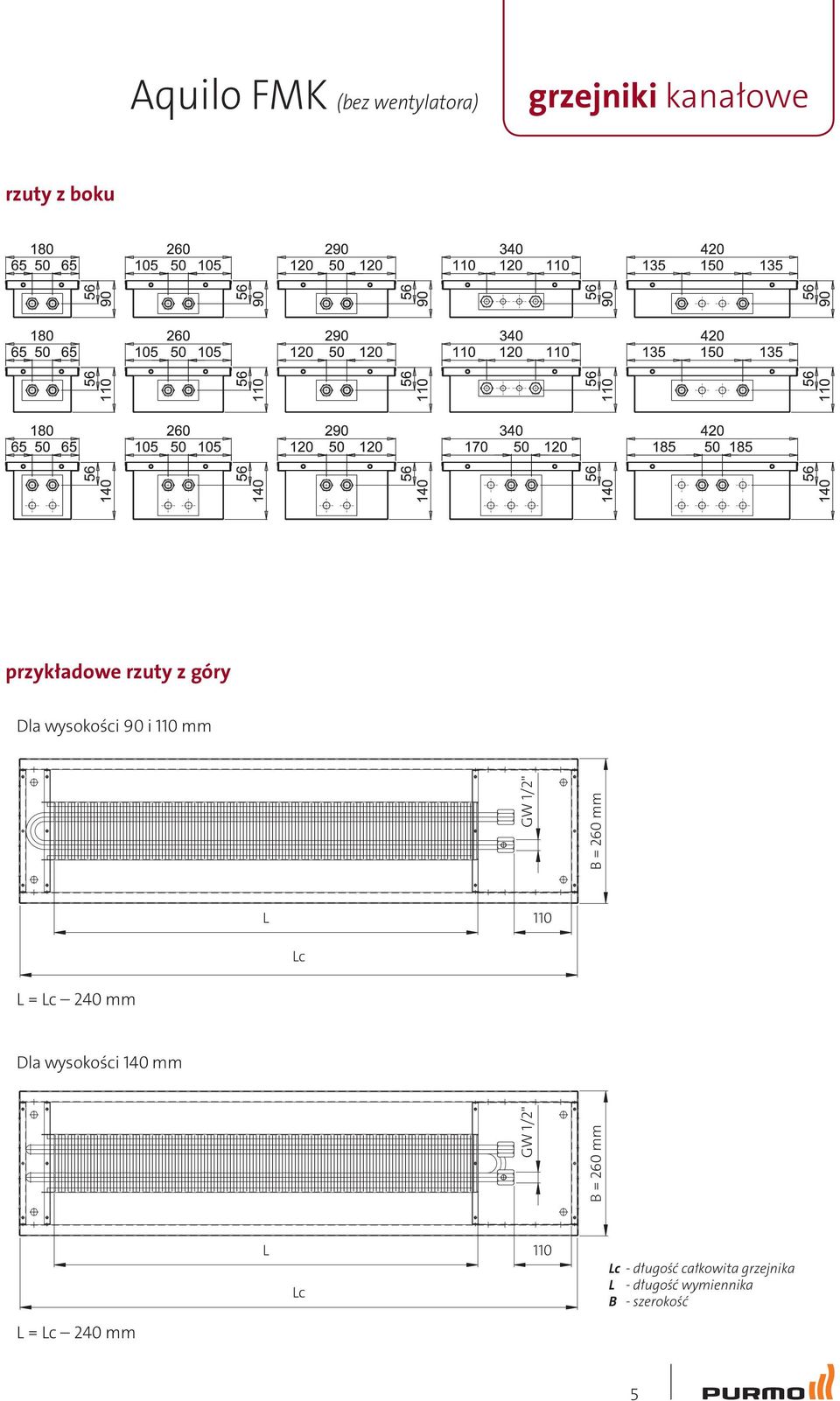 110 Lc L = Lc 240 mm Dla wysokości 140 mm GW 1/2" B = 260 mm L = Lc 240