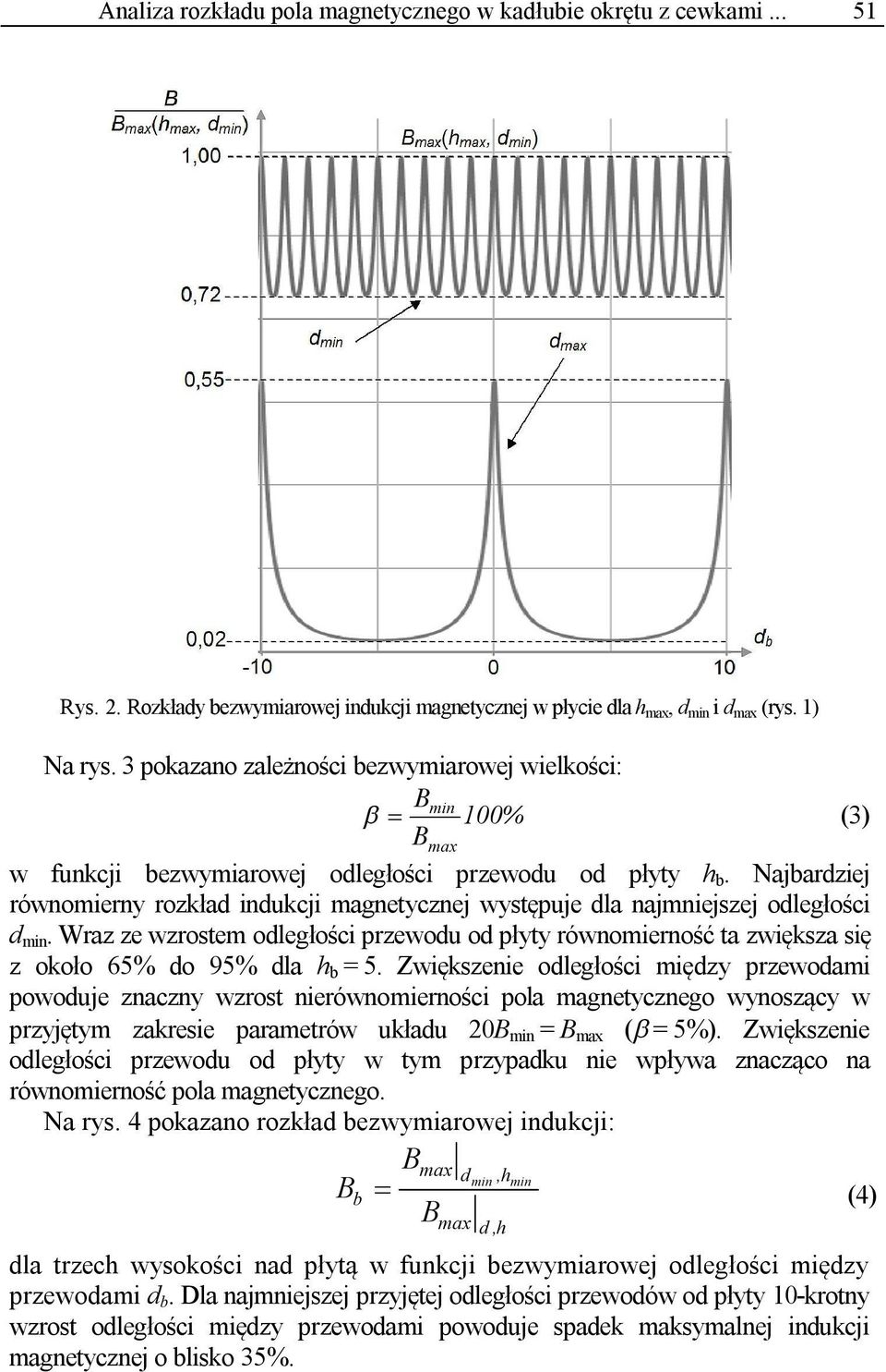 Najbardziej równomierny rozkład indukcji magnetycznej występuje dla najmniejszej odległości d min.