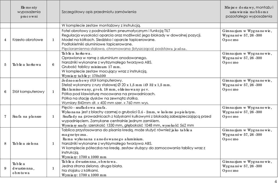 Podłokietniki aluminiowe tapicerowane. Pięcioramienna stalowa, chromowana (błyszcząca) podstawa jezdna. Tablica korkowa. Oprawiona w ramę z aluminium anodowanego. Grubość tablicy minimum 7 mm.