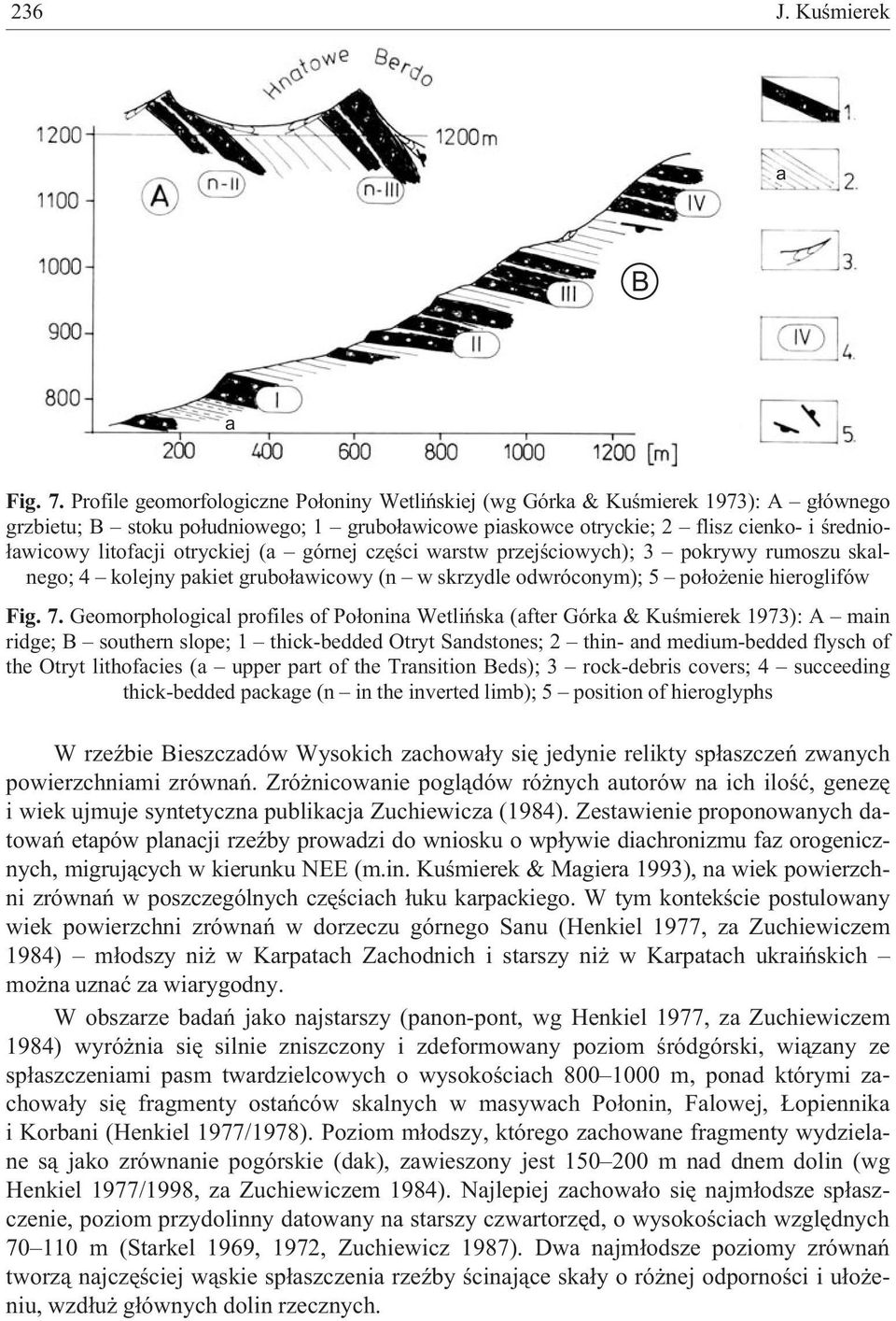 otryckiej (a górnej czêœci warstw przejœciowych); 3 pokrywy rumoszu skalnego; 4 kolejny pakiet grubo³awicowy (n w skrzydle odwróconym); 5 po³o enie hieroglifów Fig. 7.