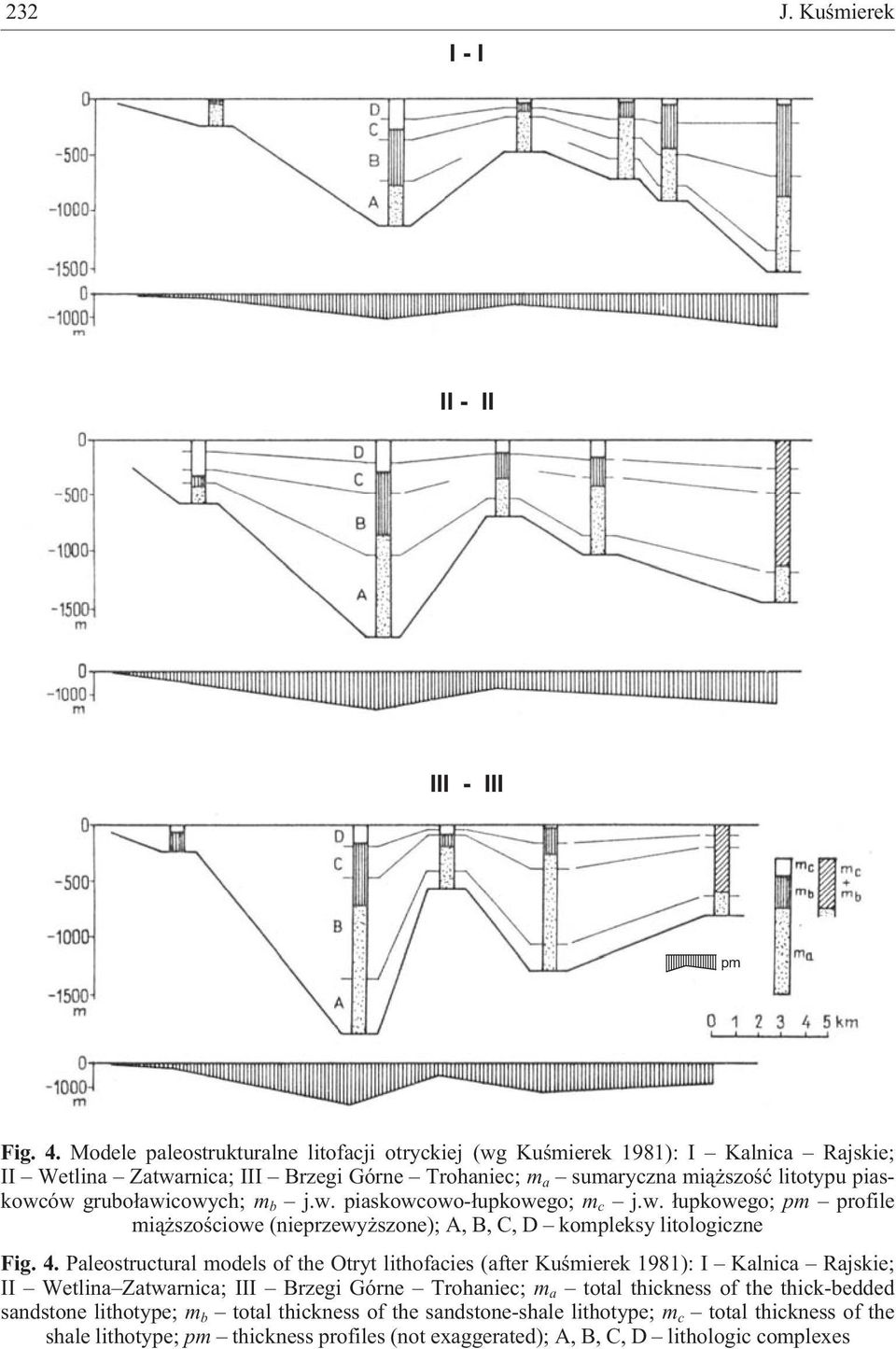 grubo³awicowych; m b j.w. piaskowcowo-³upkowego; m c j.w. ³upkowego; pm profile mi¹ szoœciowe (nieprzewy szone); A, B, C, D kompleksy litologiczne Fig. 4.