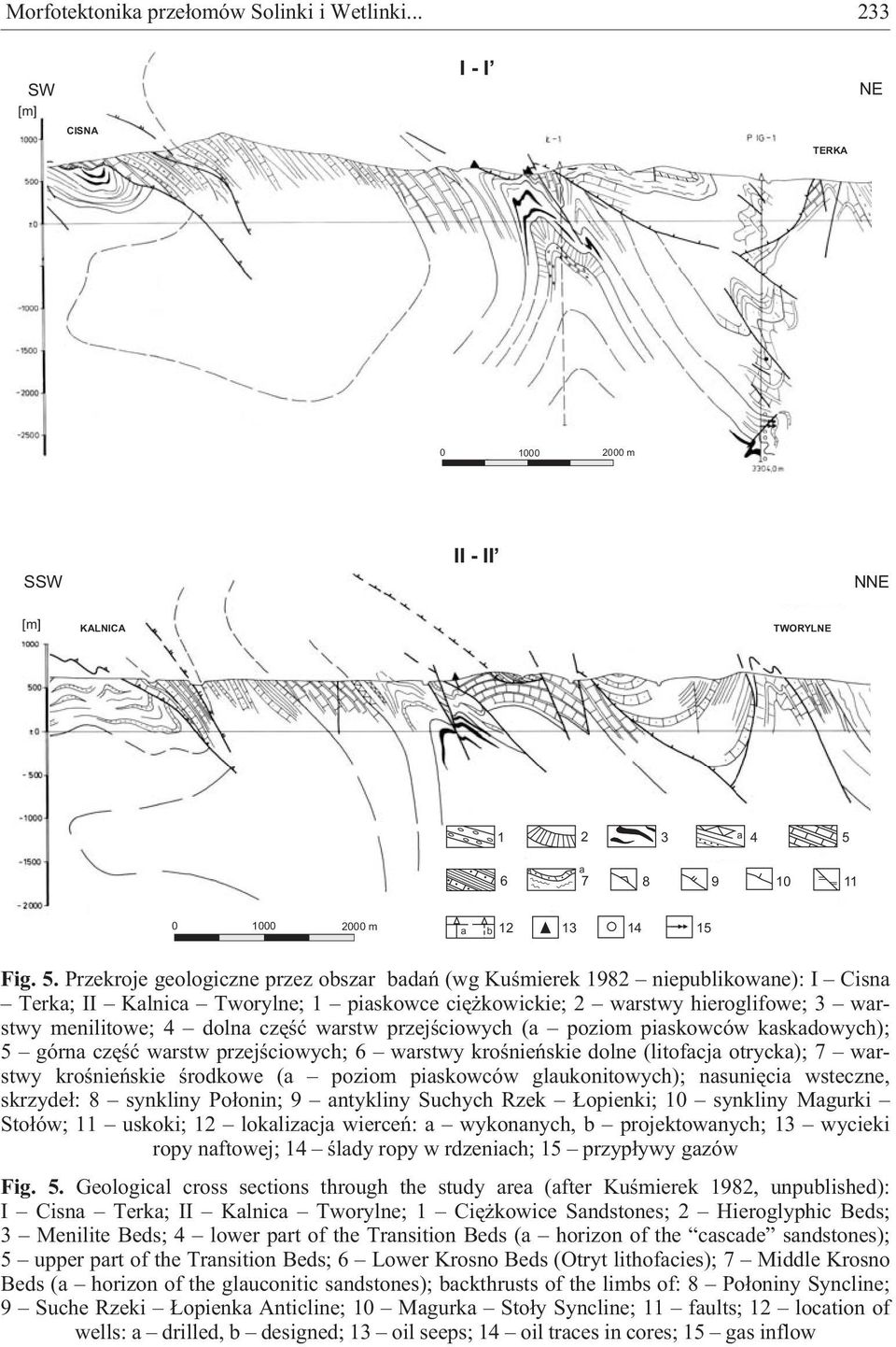 Przekroje geologiczne przez obszar badañ (wg Kuœmierek 1982 niepublikowane): I Cisna Terka; II Kalnica Tworylne; 1 piaskowce ciê kowickie; 2 warstwy hieroglifowe; 3 warstwy menilitowe; 4 dolna czêœæ