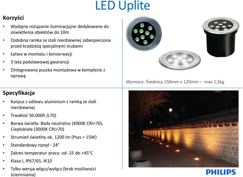 nierdzewnej Trwałość 50.000h (L70) Barwa światła: Biała neutralna (4000K CRI>70), Ciepłobiała (3000K CRI>70) Strumień świetlny ok.
