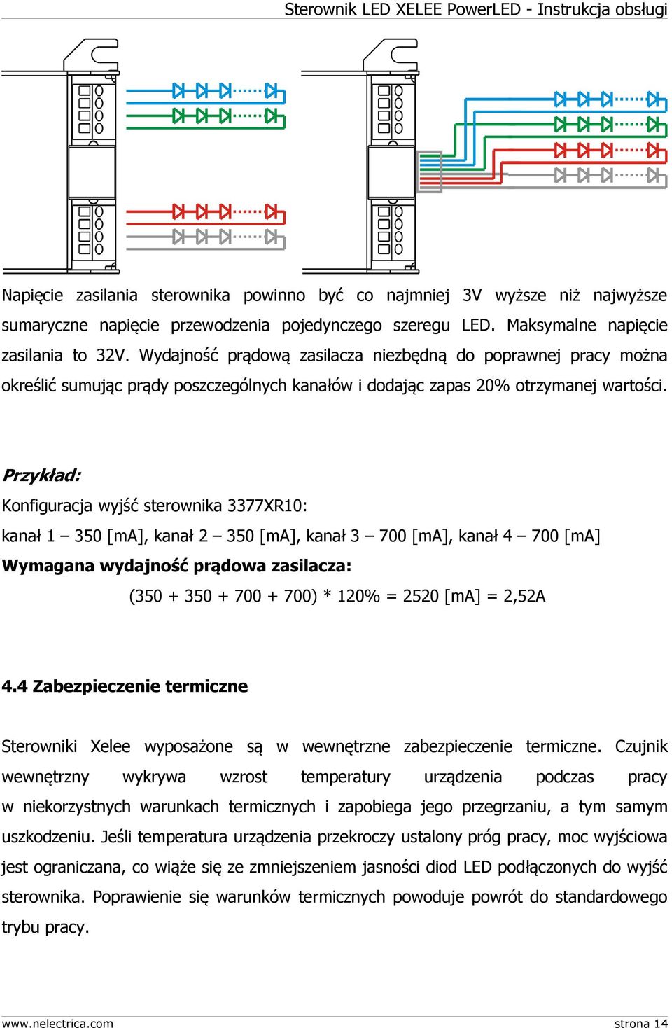 Przykład: Konfiguracja wyjść sterownika 3377XR10: kanał 1 350 [ma], kanał 2 350 [ma], kanał 3 700 [ma], kanał 4 700 [ma] Wymagana wydajność prądowa zasilacza: (350 + 350 + 700 + 700) * 120% = 2520