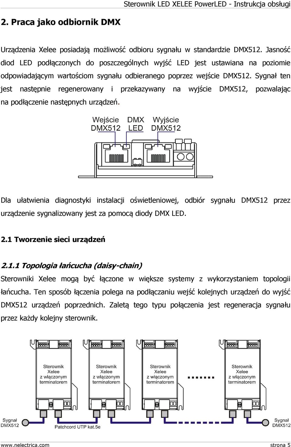 Sygnał ten jest następnie regenerowany i przekazywany na wyjście DMX512, pozwalając na podłączenie następnych urządzeń.