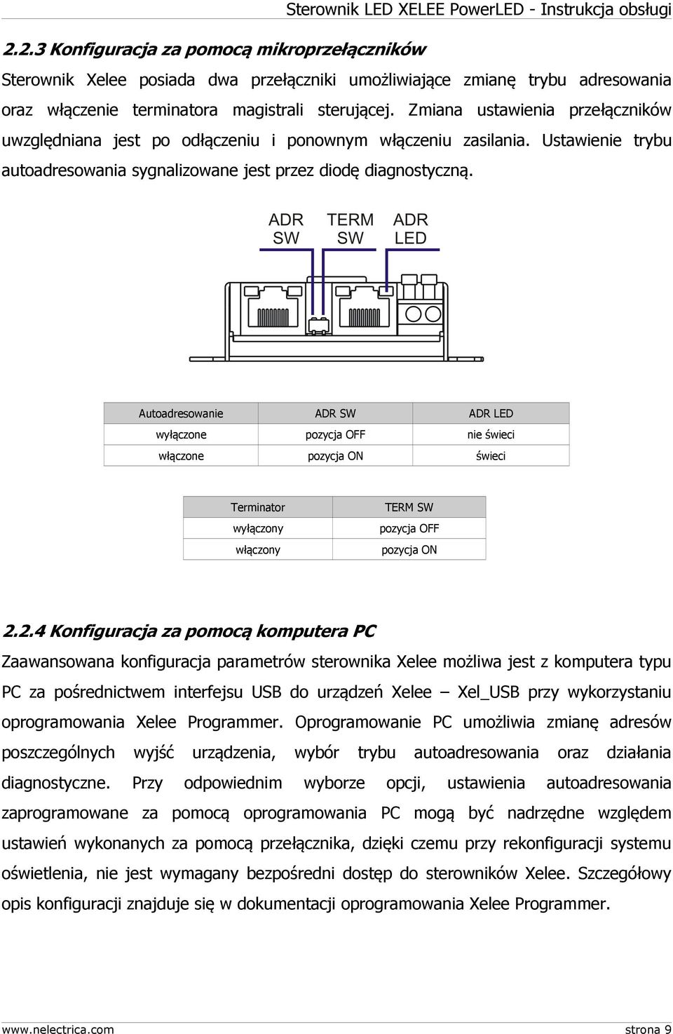 Autoadresowanie ADR SW ADR LED wyłączone pozycja OFF nie świeci włączone pozycja ON świeci Terminator wyłączony włączony TERM SW pozycja OFF pozycja ON 2.