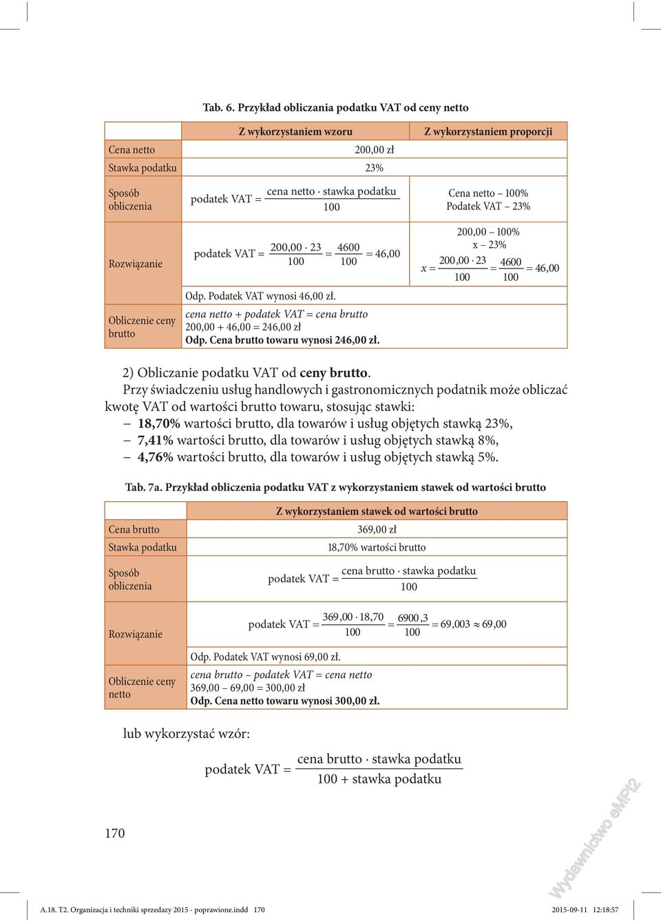 Cena netto 100% Podatek VAT 23% Rozwiązanie Obliczenie ceny brutto 200,00 23 4600 podatek VAT = 46,00 100 100 Odp. Podatek VAT wynosi 46,00 zł.