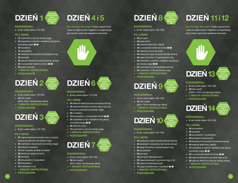 Danie organizmowi czasu na odpoczynek i mięśniom na regenerację + 12 wykroków w tył + 12 wykroków w przód z hantlami nad głową + 30 rowerków + 15 przysiadów + 20 skośnych brzuszków (na każdą stronę)