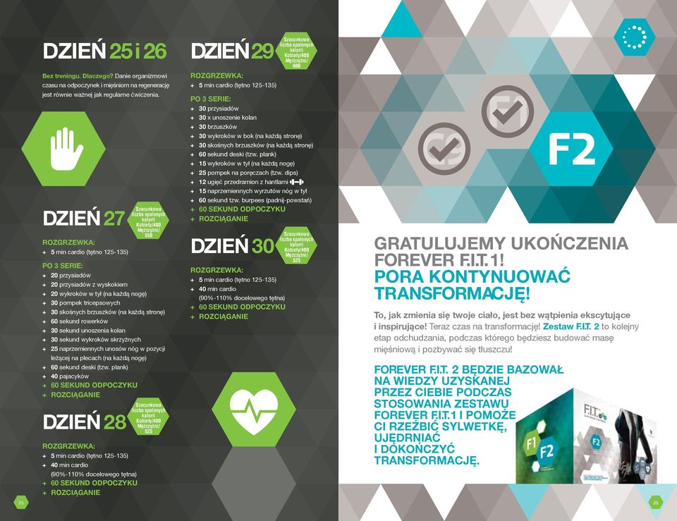 sekund wykroków skrzyżnych + 25 naprzemiennych unosów nóg w pozycji leżącej na plecach + 60 sekund deski (tzw.