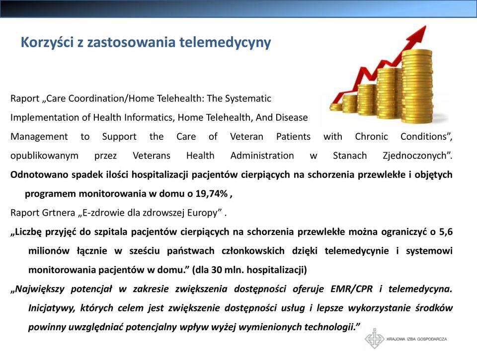 Odnotowano spadek ilości hospitalizacji pacjentów cierpiących na schorzenia przewlekłe i objętych programem monitorowania w domu o 19,74%, Raport Grtnera E-zdrowie dla zdrowszej Europy.