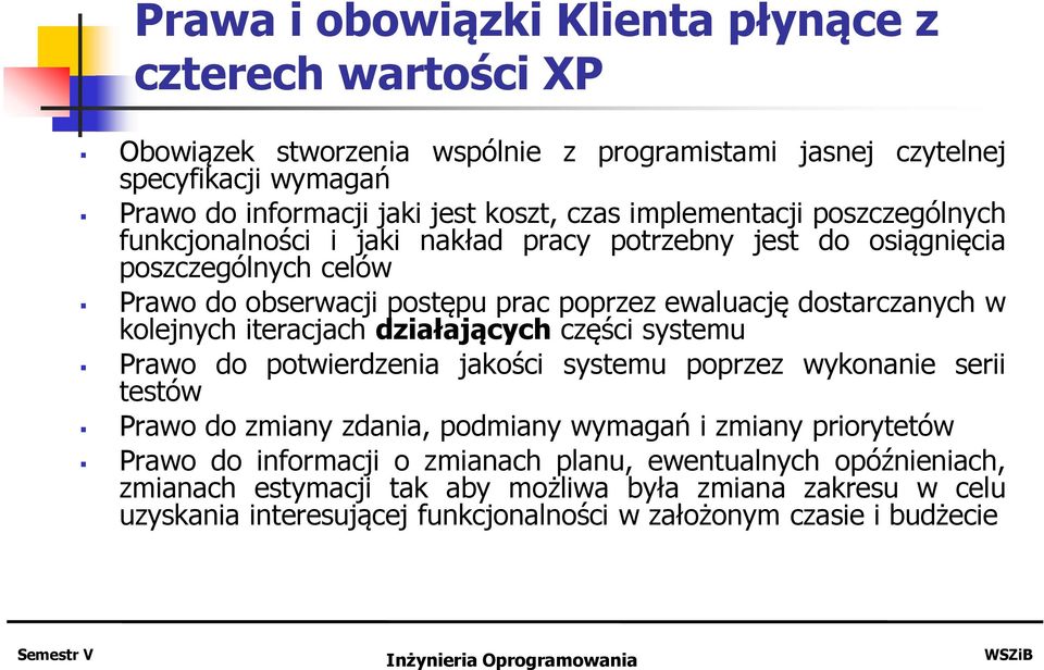 kolejnych iteracjach działających części systemu Prawo do potwierdzenia jakości systemu poprzez wykonanie serii testów Prawo do zmiany zdania, podmiany wymagań i zmiany priorytetów