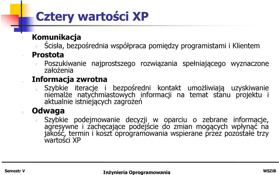 natychmiastowych informacji na temat stanu projektu i aktualnie istniejących zagrożeń Odwaga Szybkie podejmowanie decyzji w oparciu o zebrane