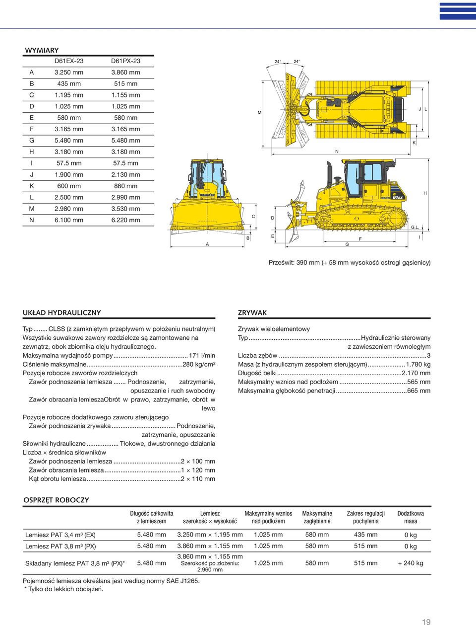 220 mm C D G,L, A B E G F I Prześwit: 390 mm (+ 58 mm wysokość ostrogi gąsienicy) UKŁAD HYDRAULICZNY Typ.
