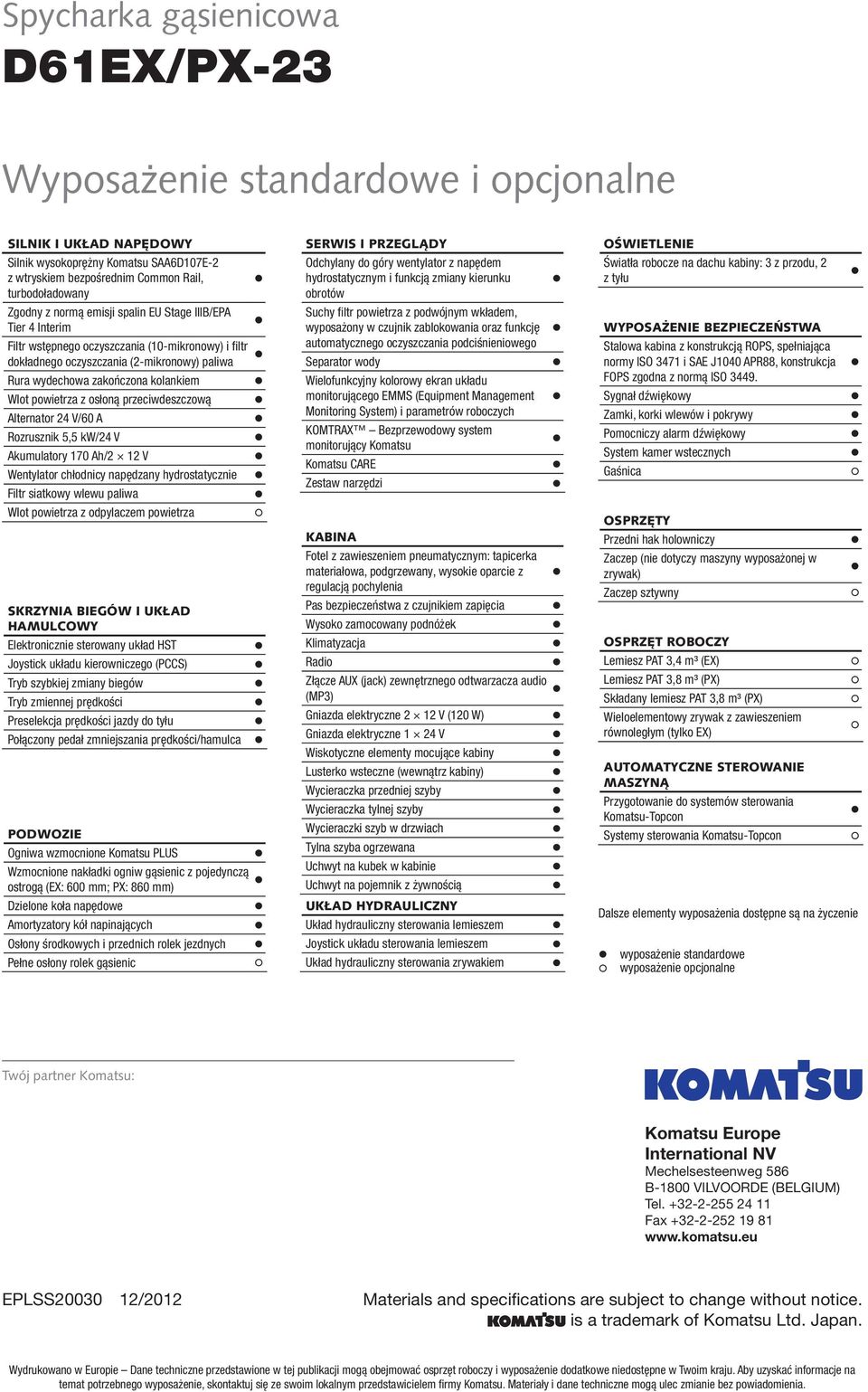 powietrza z osłoną przeciwdeszczową Alternator 24 V/60 A Rozrusznik 5,5 kw/24 V Akumulatory 170 Ah/2 12 V Wentylator chłodnicy napędzany hydrostatycznie Filtr siatkowy wlewu paliwa Wlot powietrza z