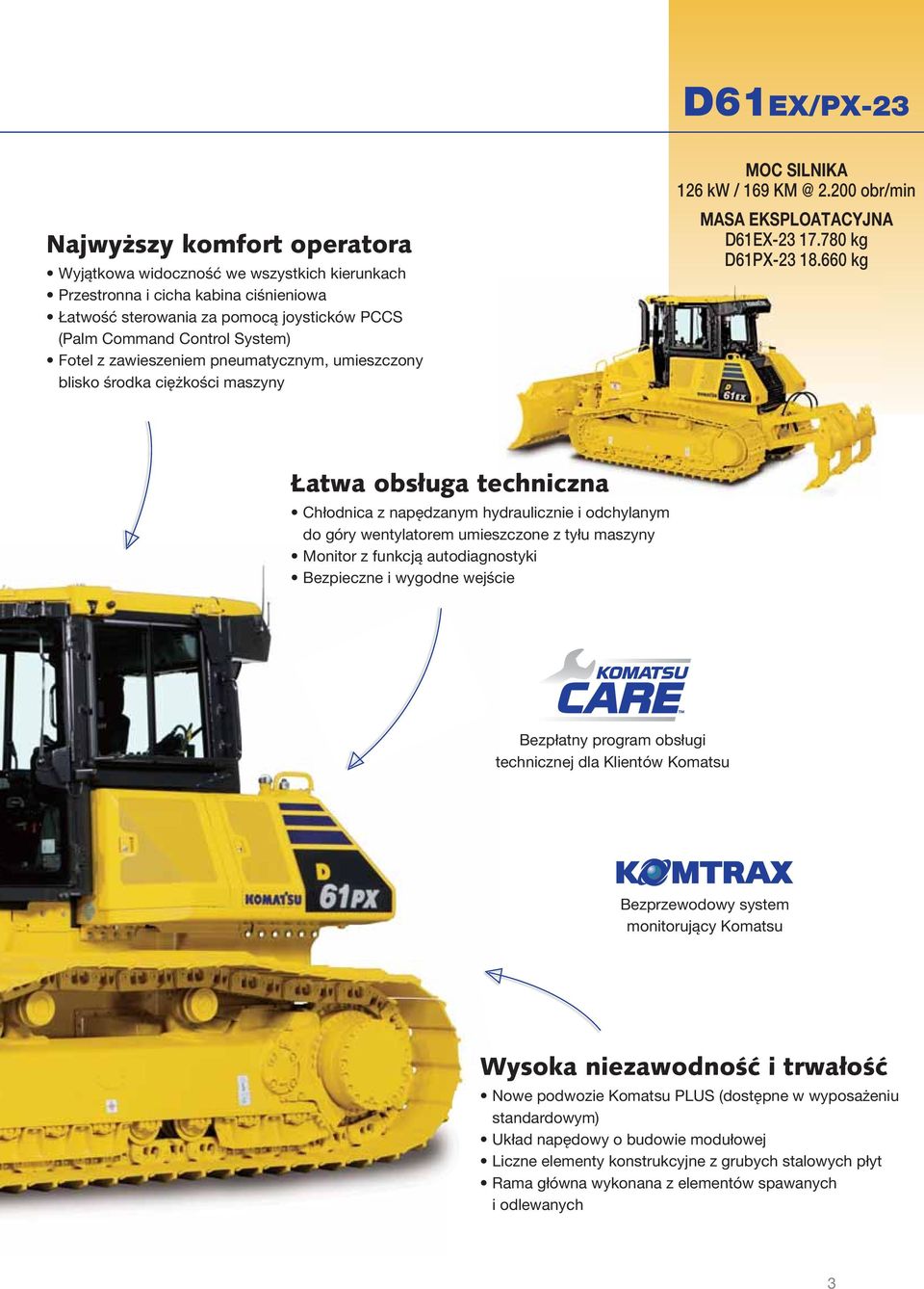 660 kg Łatwa obsługa techniczna Chłodnica z napędzanym hydraulicznie i odchylanym do góry wentylatorem umieszczone z tyłu maszyny Monitor z funkcją autodiagnostyki Bezpieczne i wygodne wejście