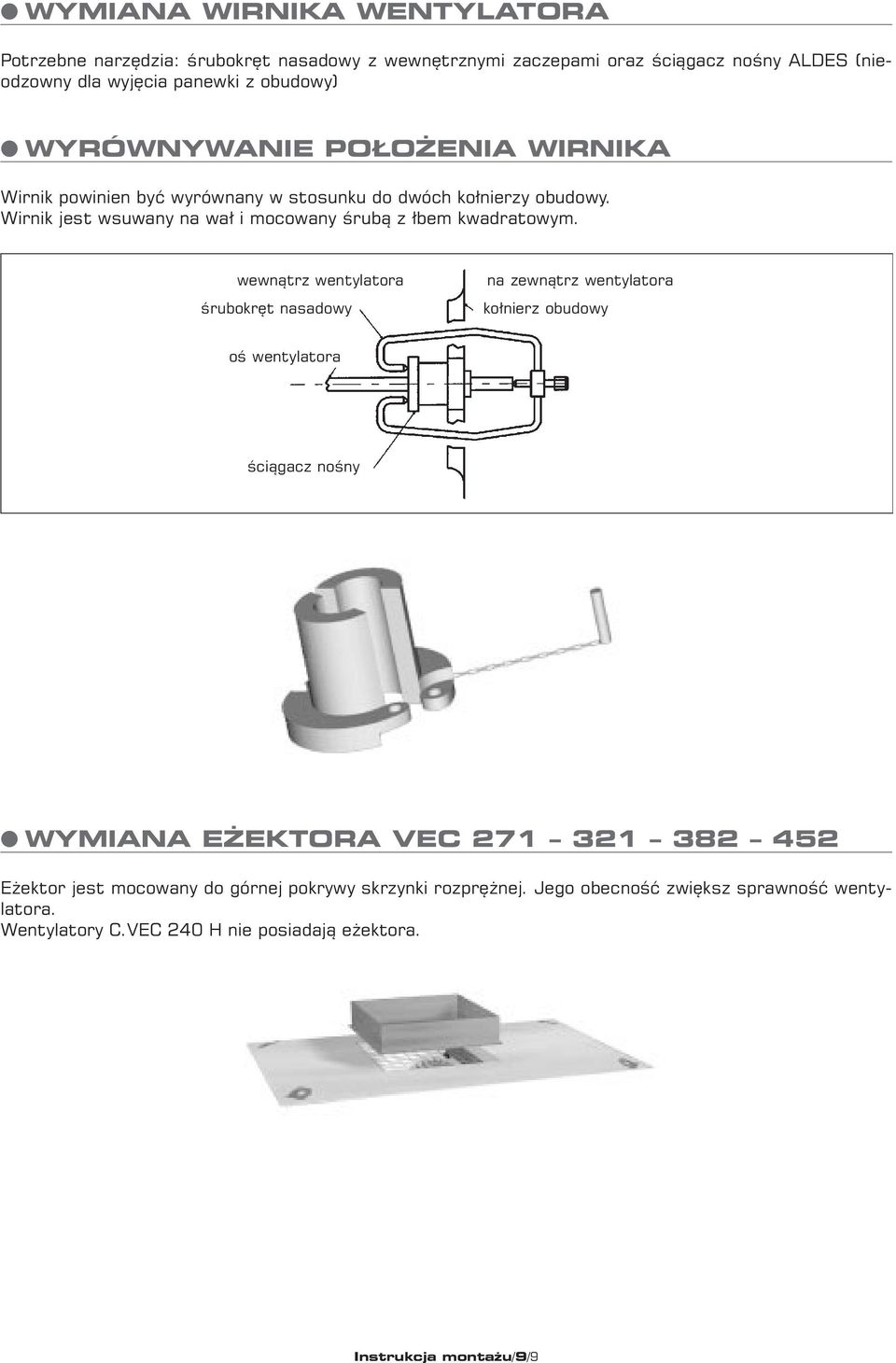 wewnątrz wentylatora śrubokręt nasadowy na zewnątrz wentylatora kołnierz obudowy oś wentylatora ściągacz nośny WYMIANA EŻEKTORA VEC 271 321 382 452 Eżektor jest