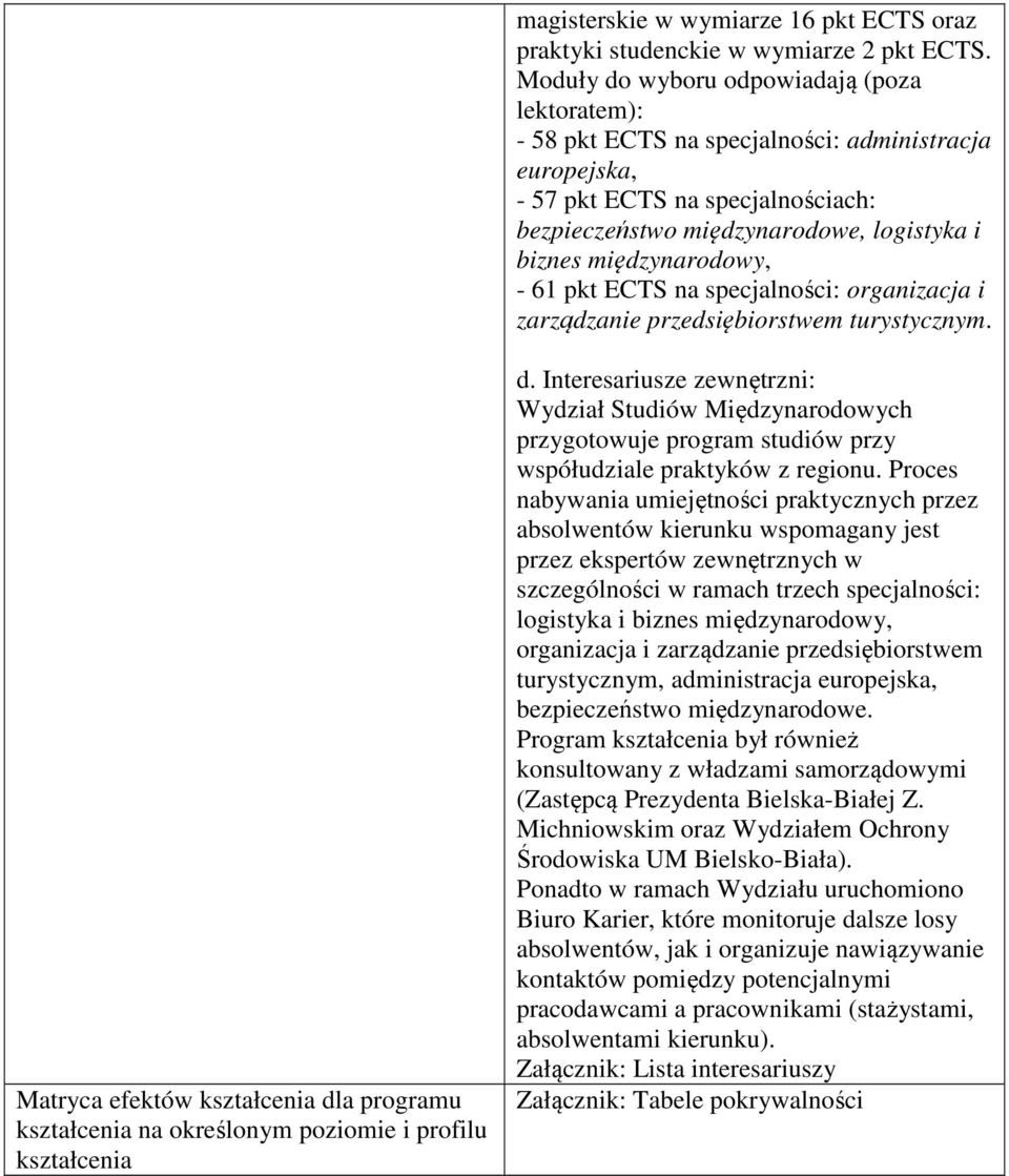 międzynarodowy, - 61 pkt ECTS na specjalności: organizacja i zarządzanie przedsiębiorstwem turystycznym.