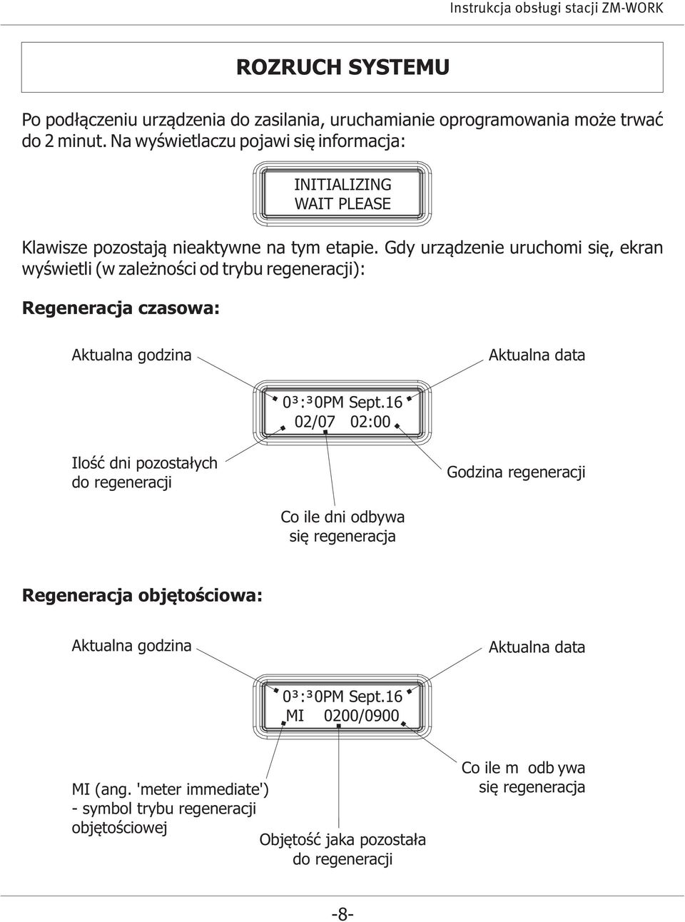 Gdy urządzenie uruchomi się, ekran wyświetli (w zależności od trybu regeneracji): Regeneracja czasowa: INITIALIZING WAIT PLEASE Aktualna godzina Aktualna data 03:30PM Sept.