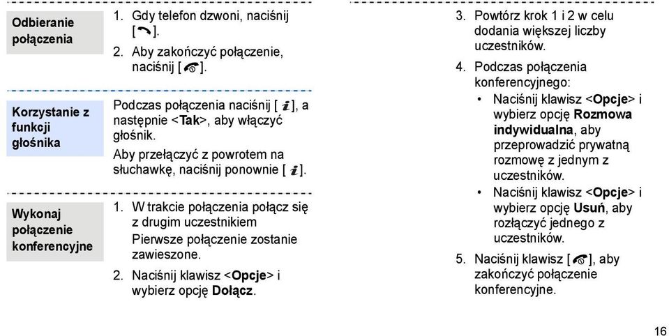 W trakcie połączenia połącz się z drugim uczestnikiem Pierwsze połączenie zostanie zawieszone. 2. Naciśnij klawisz <Opcje> i wybierz opcję Dołącz. 3.