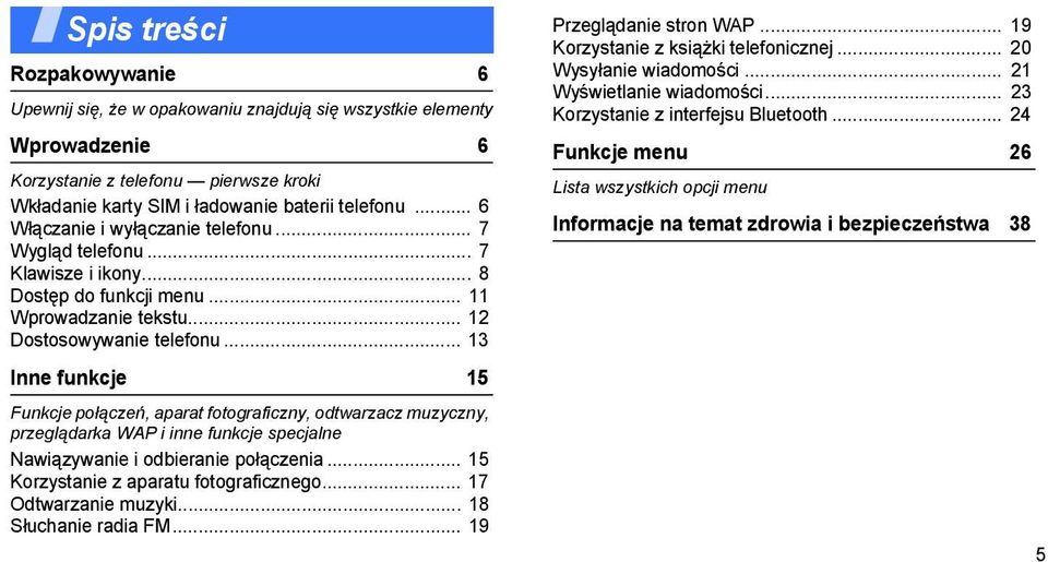 .. 13 Inne funkcje 15 Funkcje połączeń, aparat fotograficzny, odtwarzacz muzyczny, przeglądarka WAP i inne funkcje specjalne Nawiązywanie i odbieranie połączenia.