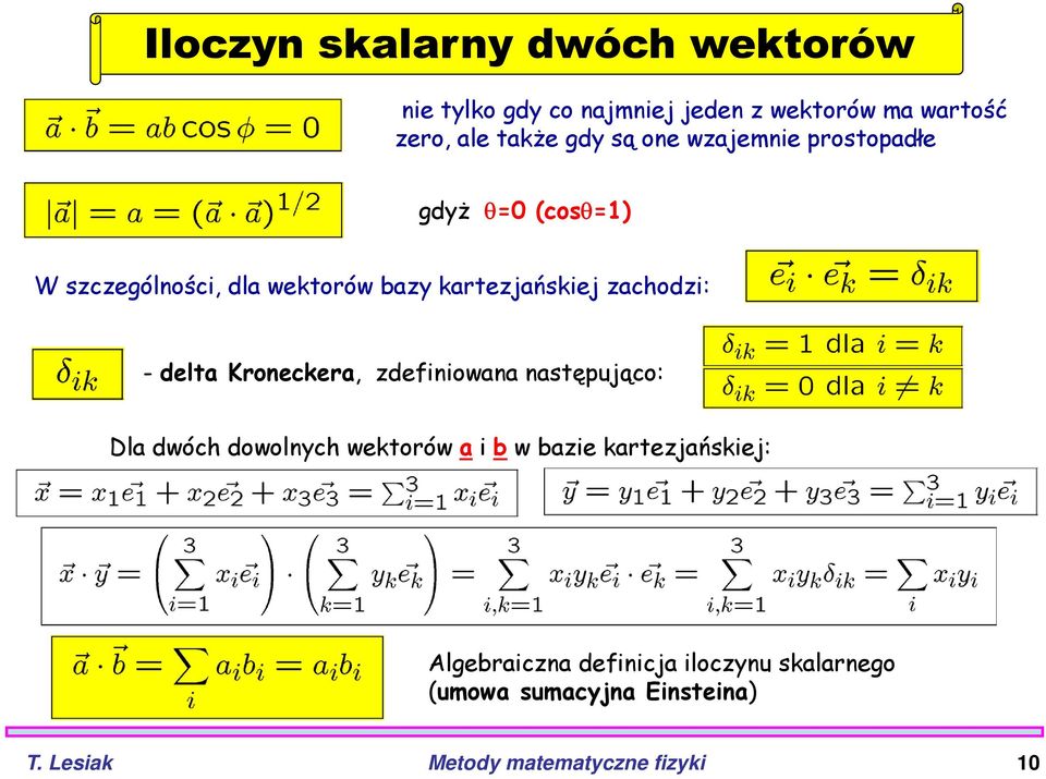 delta Kroneckera, zdefiniowana następująco: Dla dwóch dowolnych wektorów a i b w bazie kartezjańskiej: