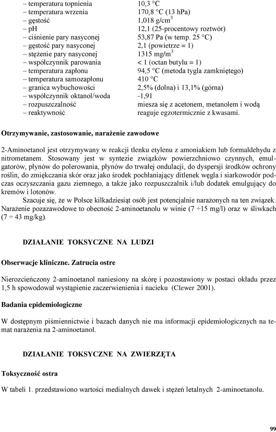 samozapłonu 410 C granica wybuchowości 2,5% (dolna) i 13,1% (górna) współczynnik oktanol/woda -1,91 rozpuszczalność miesza się z acetonem, metanolem i wodą reaktywność reaguje egzotermicznie z