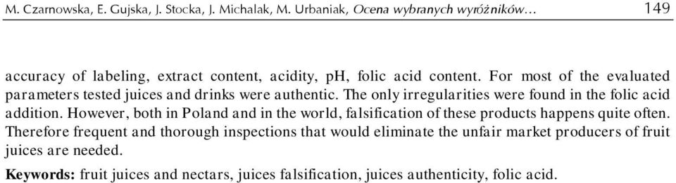 For most of the evaluated parameters tested juices and drinks were authentic. The only irregularities were found in the folic acid addition.