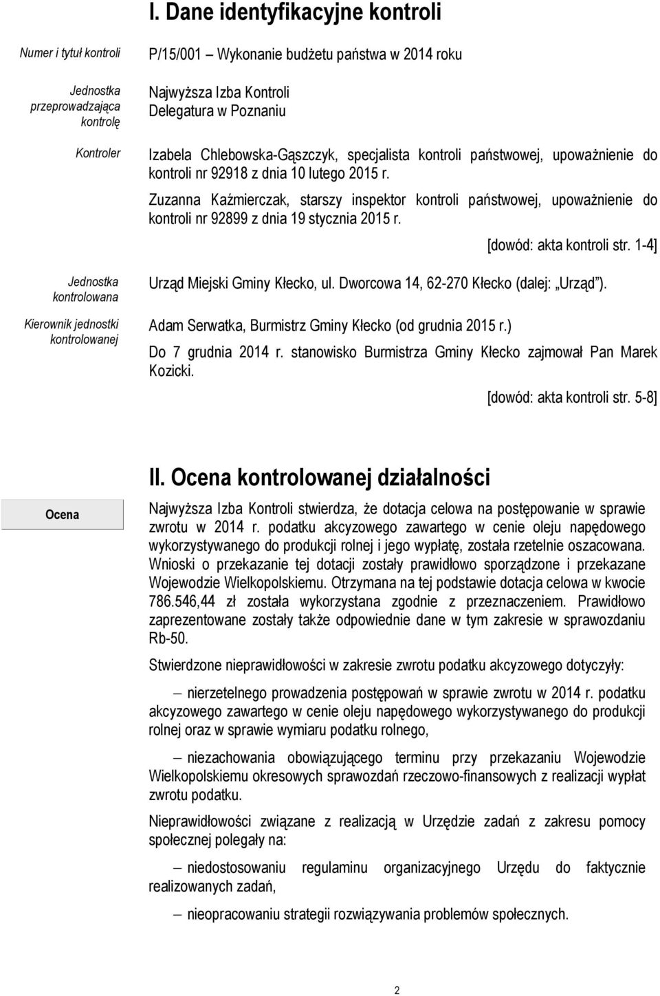 Zuzanna Kaźmierczak, starszy inspektor kontroli państwowej, upoważnienie do kontroli nr 92899 z dnia 19 stycznia 2015 r. [dowód: akta kontroli str. 1-4] Urząd Miejski Gminy Kłecko, ul.