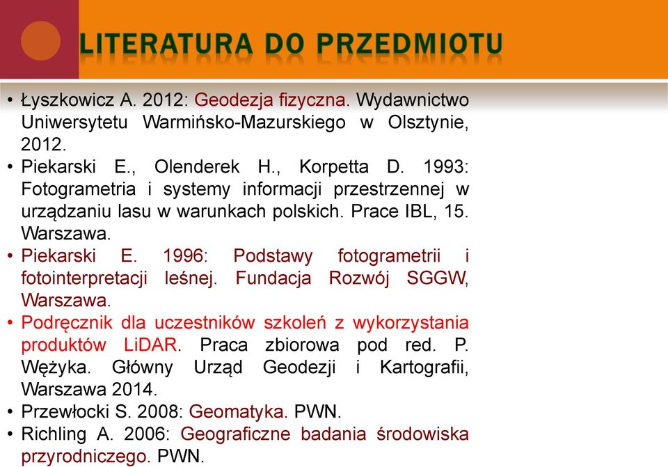 1996: Podstawy fotogrametrii i fotointerpretacji leśnej. Fundacja Rozwój SGGW, Warszawa. Podręcznik dla uczestników szkoleń z wykorzystania produktów LiDAR.