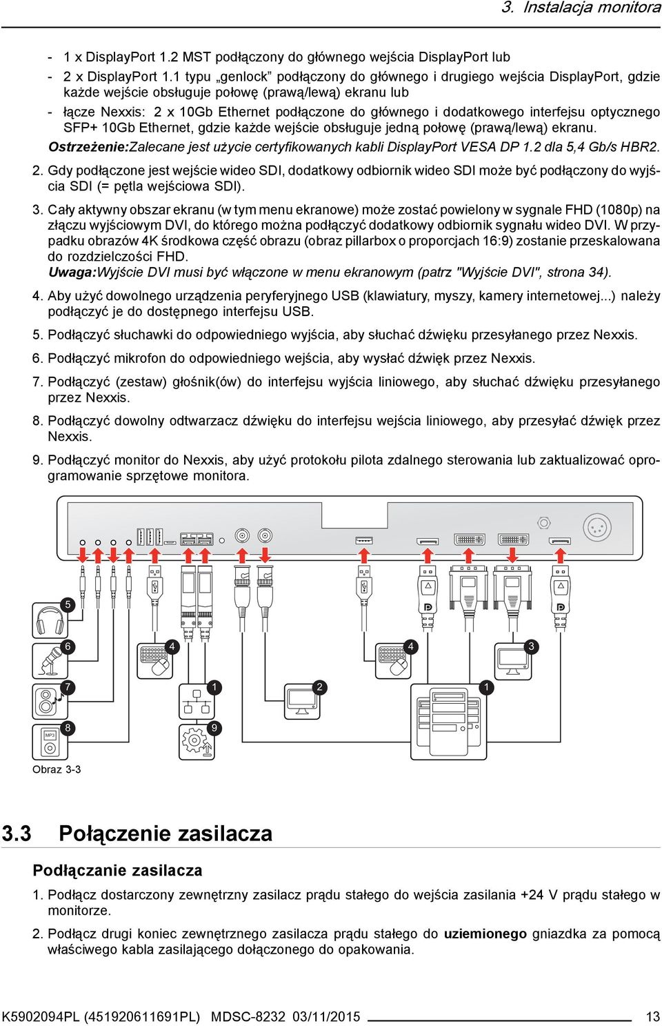 dodatkowego interfejsu optycznego SFP+ 10Gb Ethernet, gdzie każde wejście obsługuje jedną połowę (prawą/lewą) ekranu. Ostrzeżenie:Zalecane jest użycie certyfikowanych kabli DisplayPort VESA DP 1.