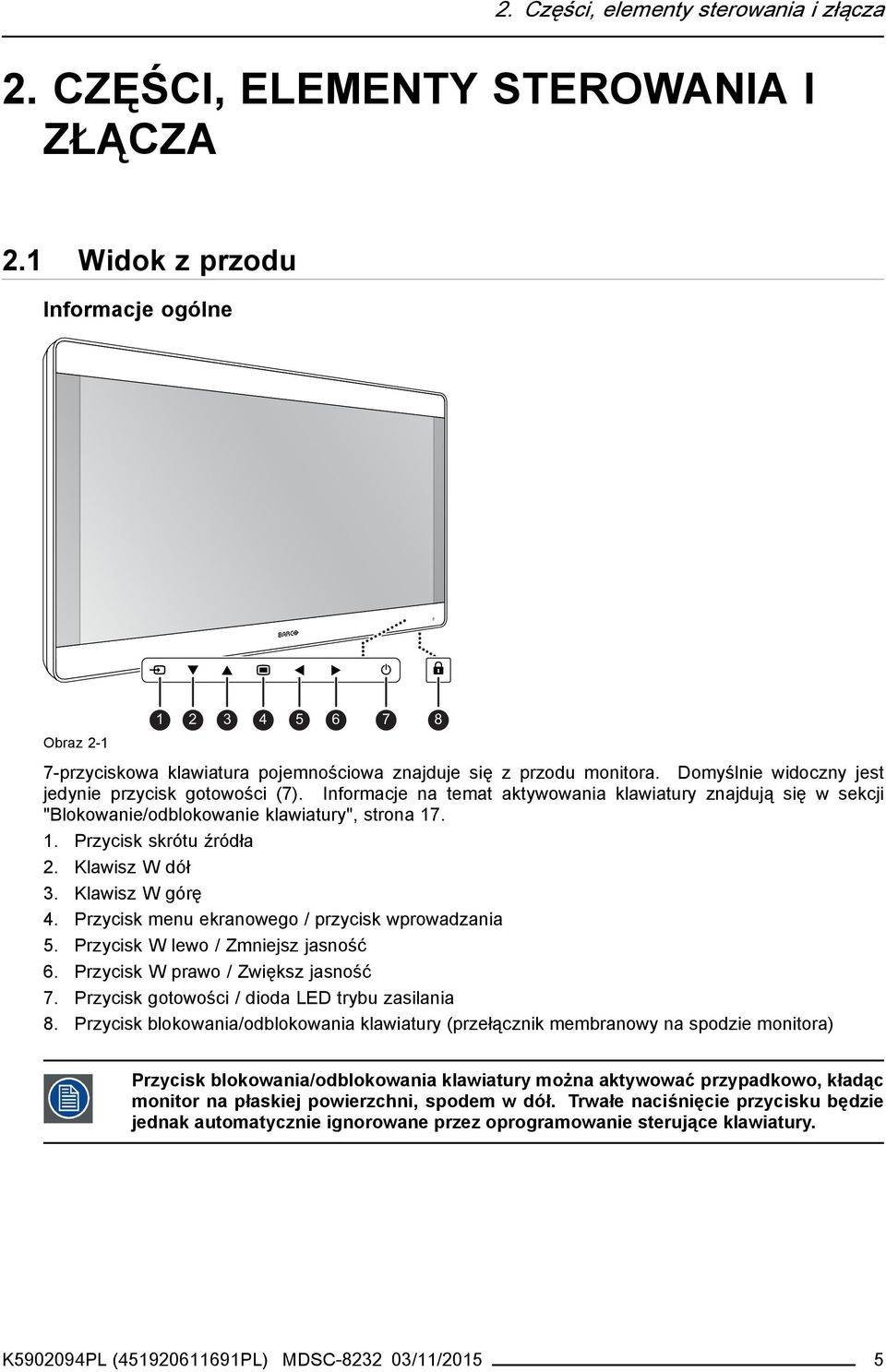 Informacje na temat aktywowania klawiatury znajdują się w sekcji "Blokowanie/odblokowanie klawiatury", strona 17. 1. Przycisk skrótu źródła 2. Klawisz W dół 3. Klawisz W górę 4.