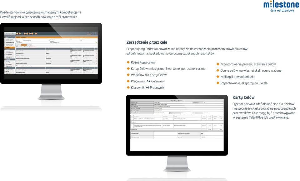 celów Karty Celów: miesięczne, kwartalne, półroczne, roczne Workflow dla Karty Celów Pracownik Kierownik Kierownik Pracownik Monitorowanie procesu stawiania celów Ocena celów wg