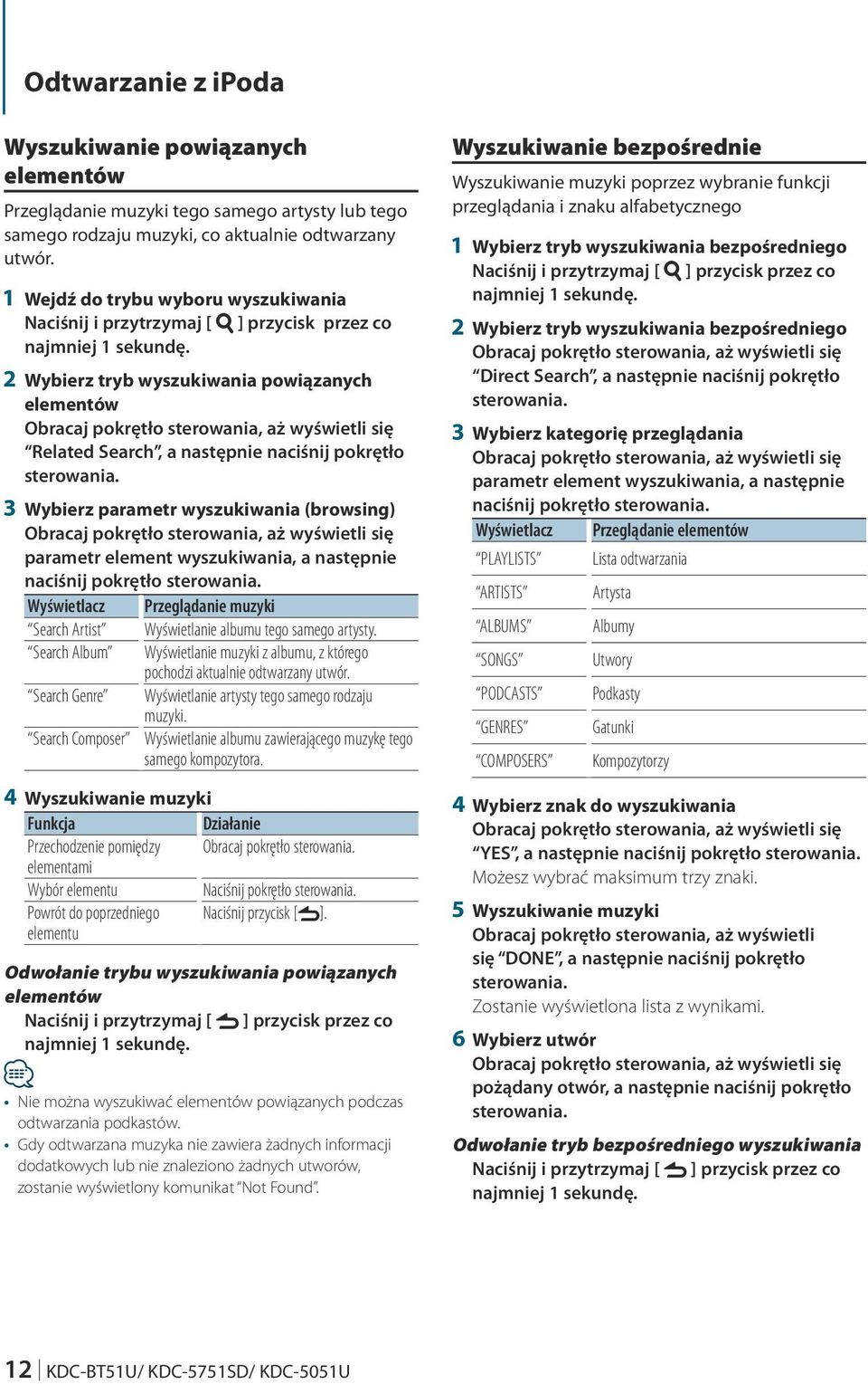 wyszukiwania (browsing) parametr element wyszukiwania, a następnie naciśnij pokrętło Wyświetlacz Przeglądanie muzyki Search Artist Wyświetlanie albumu tego samego artysty.