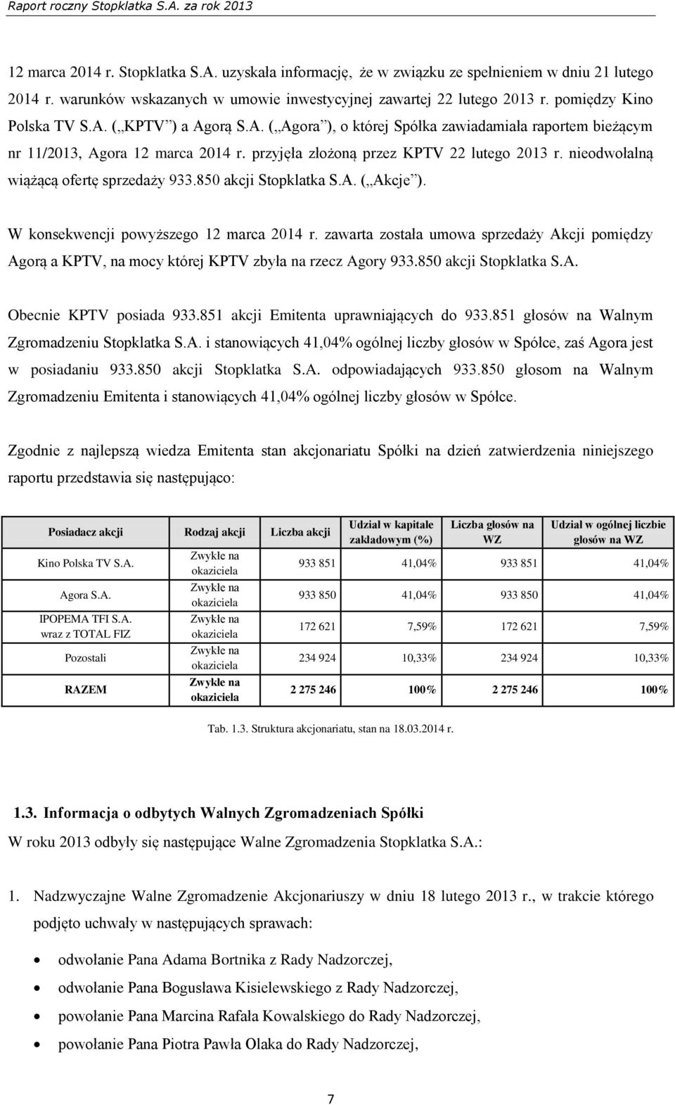 nieodwołalną wiążącą ofertę sprzedaży 933.850 akcji Stopklatka S.A. ( Akcje ). W konsekwencji powyższego 12 marca 2014 r.