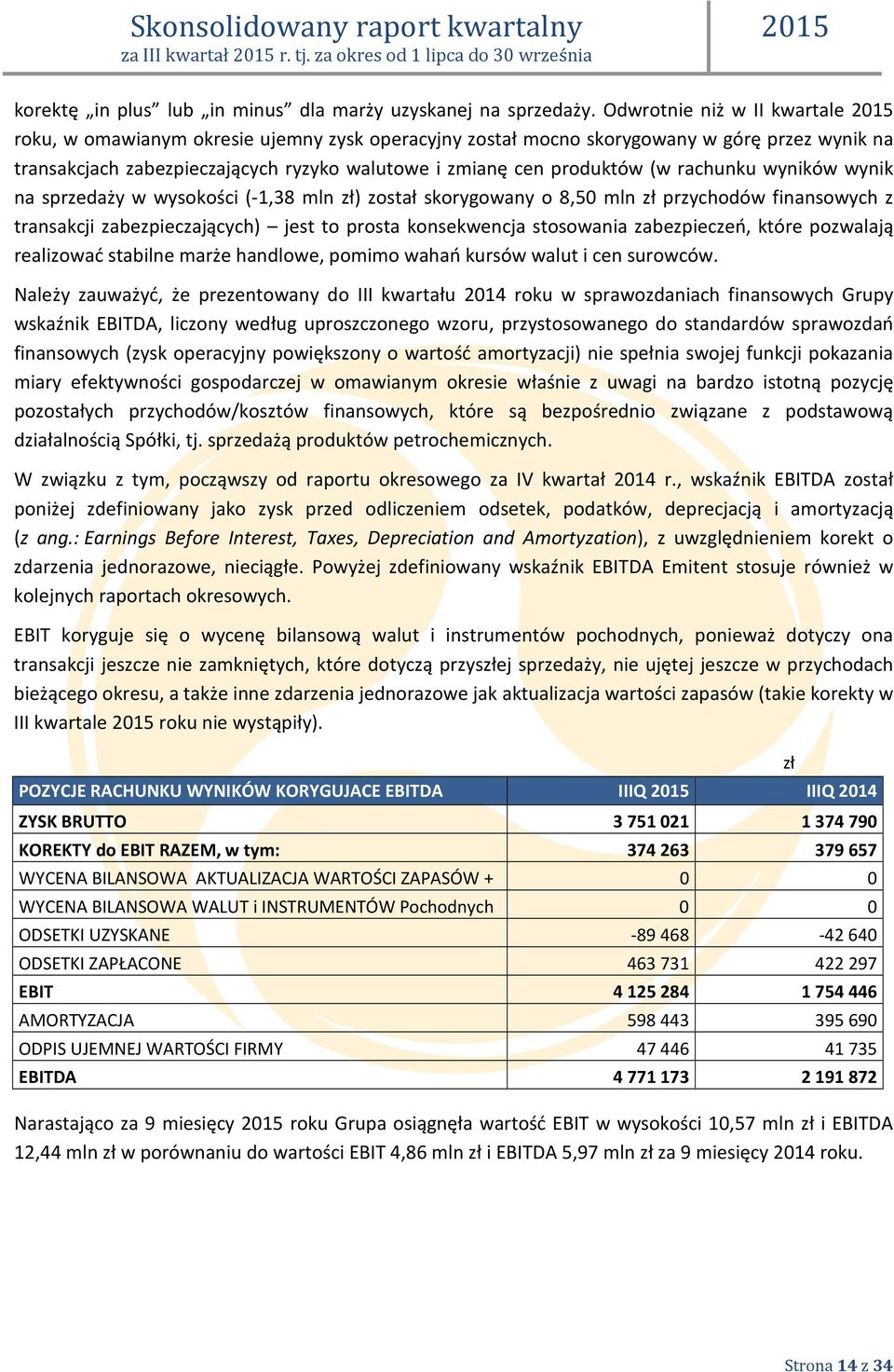 rachunku wyników wynik na sprzedaży w wysokości (-1,38 mln zł) został skorygowany o 8,50 mln zł przychodów finansowych z transakcji zabezpieczających) jest to prosta konsekwencja stosowania