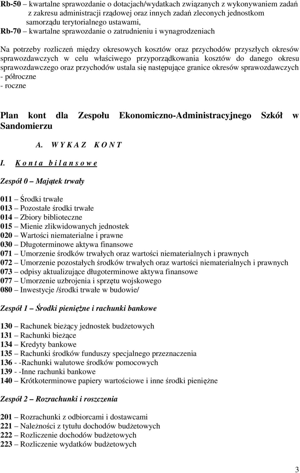 danego okresu sprawozdawczego oraz przychodów ustala si nastpujce granice okresów sprawozdawczych - półroczne - roczne Plan kont dla Zespołu Ekonomiczno-Administracyjnego Szkół w Sandomierzu A.