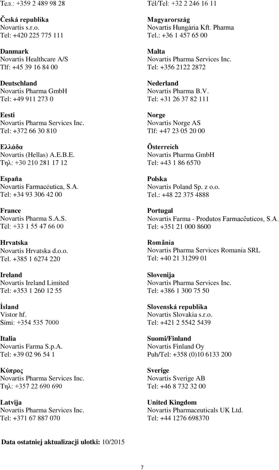 A. Tel: +34 93 306 42 00 France Novartis Pharma S.A.S. Tél: +33 1 55 47 66 00 Hrvatska Novartis Hrvatska d.o.o. Tel. +385 1 6274 220 Ireland Novartis Ireland Limited Tel: +353 1 260 12 55 Ísland Vistor hf.