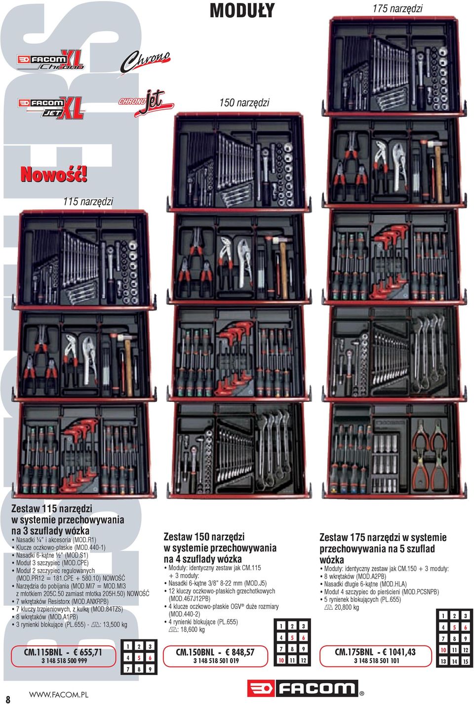 ANXRPB) 7 kluczy trzpieniowych, z kulką (MOD.84TZS) 8 wkrętaków (MOD.A1PB) 3 rynienki blokujące (PL.655) - D: 13,500 kg CM.