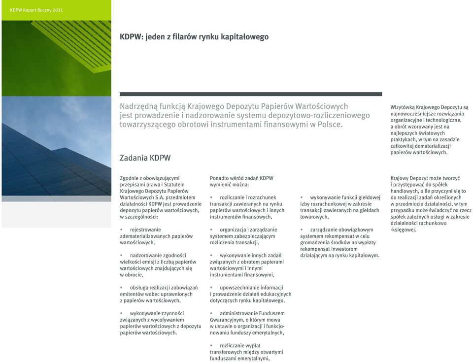 Zadania KDPW Wizytówką Krajowego Depozytu są najnowocześniejsze rozwiązania organizacyjne i technologiczne, a obrót wzorowany jest na najlepszych światowych praktykach, w tym na zasadzie całkowitej