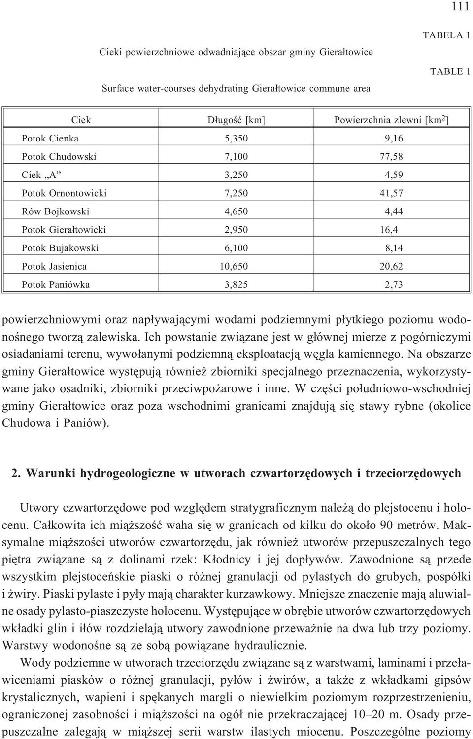 20,62 Potok Paniówka 3,825 2,73 powierzchniowymi oraz nap³ywaj¹cymi wodami podziemnymi p³ytkiego poziomu wodonoœnego tworz¹ zalewiska.