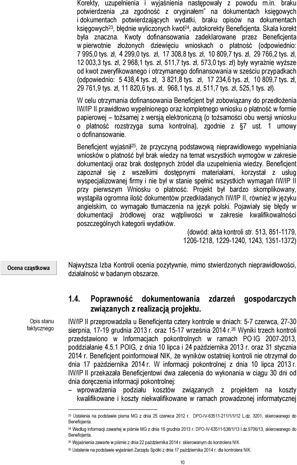 Beneficjenta. Skala korekt była znaczna. Kwoty dofinansowania zadeklarowane przez Beneficjenta w pierwotnie złożonych dziewięciu wnioskach o płatność (odpowiednio: 7 995,0 tys. zł, 4 299,0 tys.