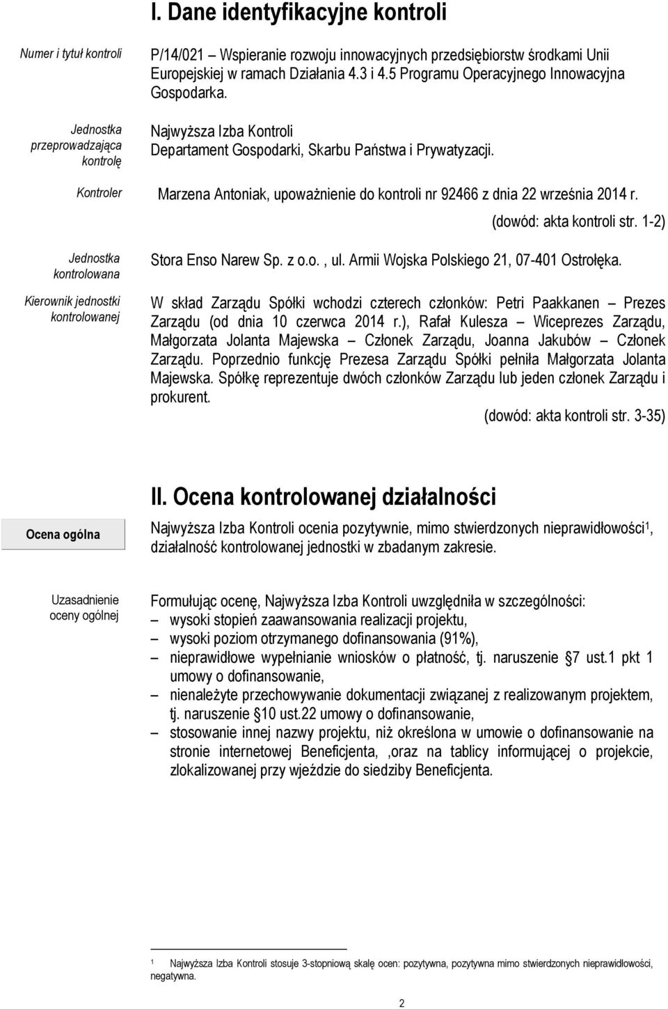 Kontroler Marzena Antoniak, upoważnienie do kontroli nr 92466 z dnia 22 września 2014 r. (dowód: akta kontroli str. 1-2) Jednostka kontrolowana Kierownik jednostki kontrolowanej Stora Enso Narew Sp.