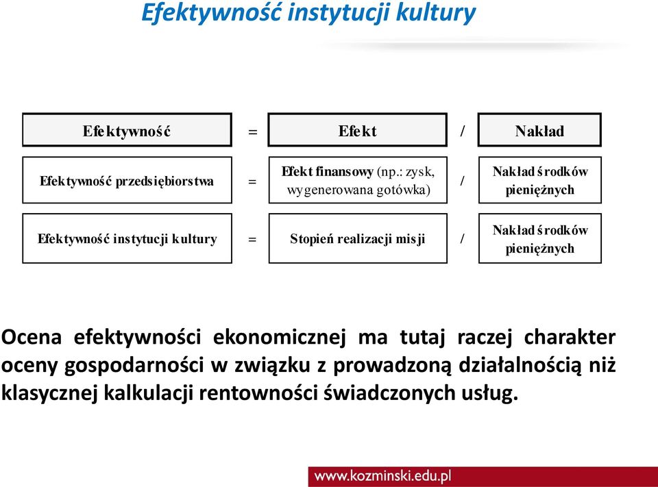 realizacji misji / Nakład środków pieniężnych Ocena efektywności ekonomicznej ma tutaj raczej charakter