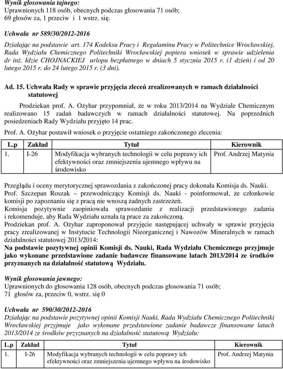 Idzie CHOJNACKIEJ urlopu bezpłatnego w dniach 5 stycznia 2015 r. (1 dzień) i od 20 lutego 2015 r. do 24 lutego 2015 r. (3 dni). Ad. 15.