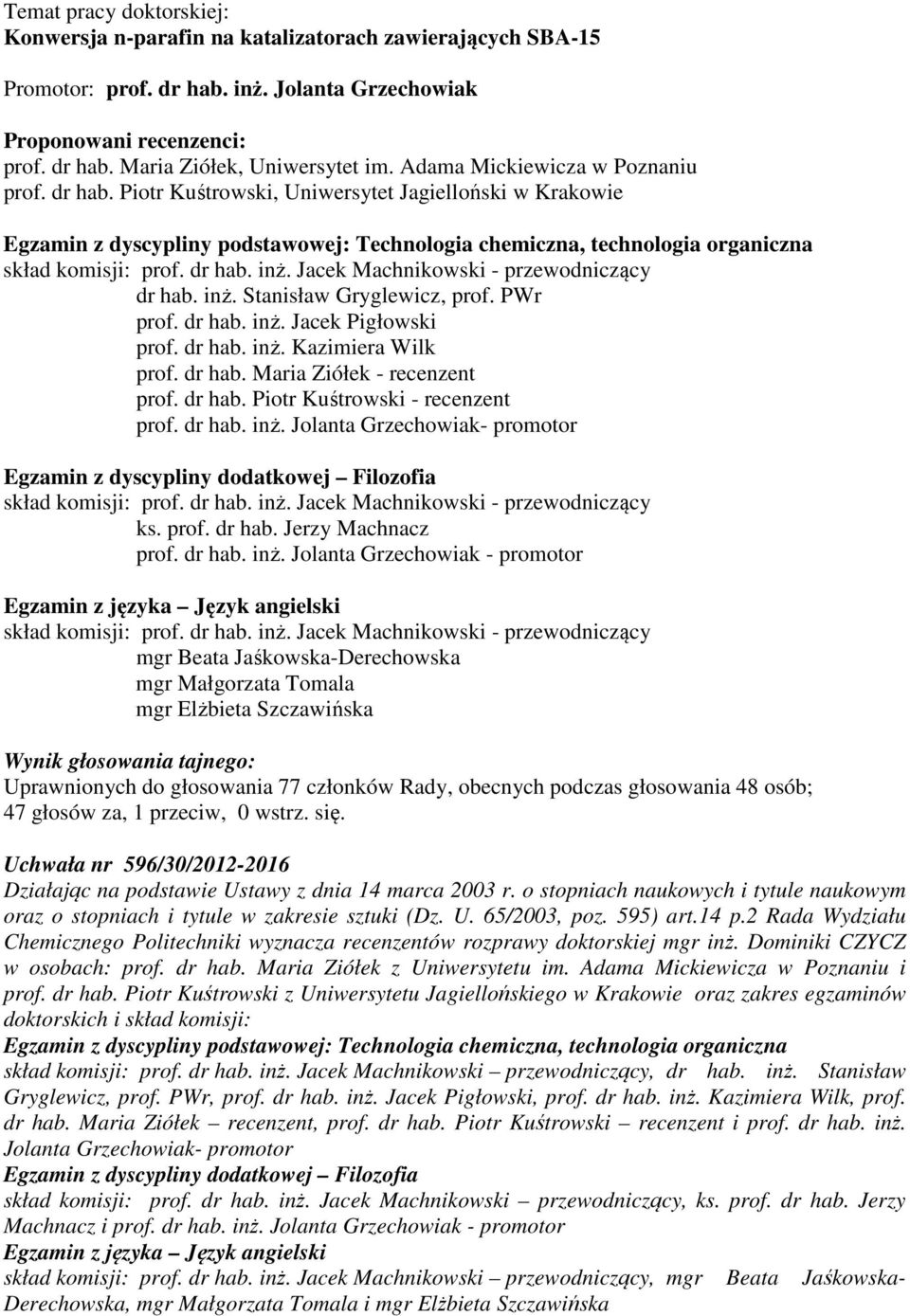 dr hab. inż. Jacek Machnikowski - przewodniczący dr hab. inż. Stanisław Gryglewicz, prof. PWr prof. dr hab. inż. Jacek Pigłowski prof. dr hab. inż. Kazimiera Wilk prof. dr hab. Maria Ziółek - recenzent prof.